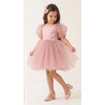 Kız Çocuk Pudra Flok Tüllü Prenses Kol Kalp Detaylı Kabarık Elbise