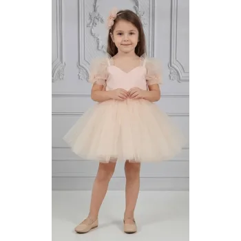 Kız Çocuk Somon Kalp Detaylı Kısa Balon Kol Kabarık Elbise