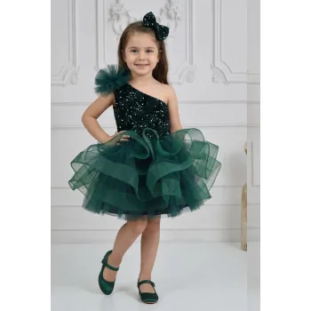 Kız Çocuk Zümrüt Yeşilli Payetli Kadife Grenli Tek Omuz Kabarık Elbise