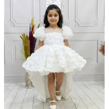 Kız Çocuk Beyaz Kuyruklu Şeffaf Gül Desenli Kısa Balon Kol Elbise Abiye