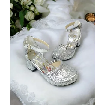 Kız Çocuk Gümüş Taşlı Renk Topuklu Ayakkabı