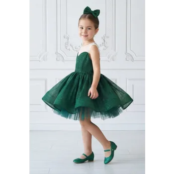 Kız Çocuk Zümrüt Yeşili Parıltılı Kalp Detaylı Şeffaf Sıfır Kol Kabarık Abiye Elbise