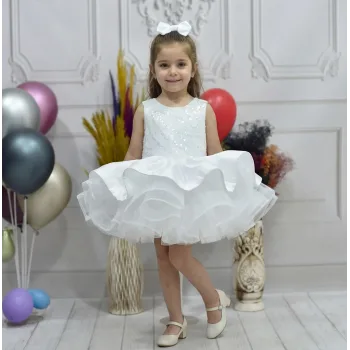 Kız Çocuk Beyaz Saten Gren Kabarık Elbise