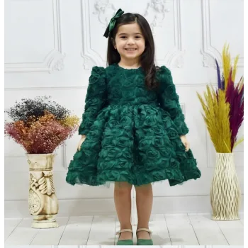 Kız Çocuk Zümrüt Yeşili Gül Detaylı Kabarık Elbise