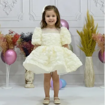 Kız Çocuk Krem Gül 3D Desenli Kısa Balon Üstü şeffaf Kol Kabarık Elbise