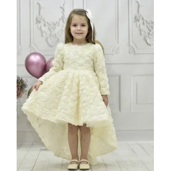 Kız Çocuk Krem Gül Desenli Kuyruklu Uzun Kol Elbise Abiye