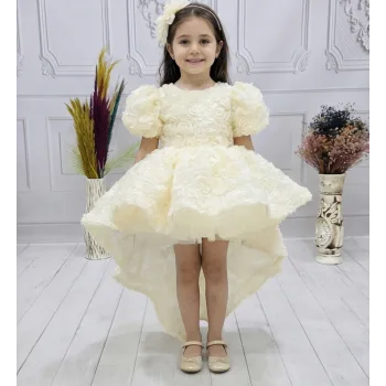 Kız Çocuk Krem Kuyruklu Gül Desenli Kapalı Yaaka Kısa Kol Elbise Abiye Elbise Gelinlik