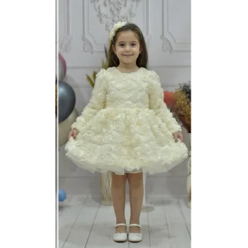 Kız Çocuk Krem Gül Desenli Kabarık Elbise