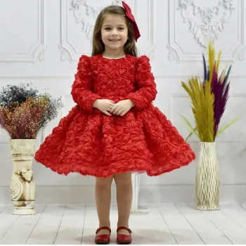 Kız Çocuk Kırmızı Gül Desenli Uzun Balon Kol Kabarık Elbise