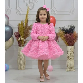 Kız Çocuk Pembe Uzun Kol Güllü Kabarık Elbise Abiye Gelinlik