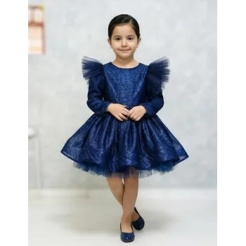 Lacivert Damlacıklı  Simli Uzun Kol parıltılı Kabarık Elbise Gelinlik Abiye