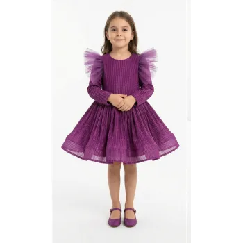 Mürdüm  Simli Şifon Parılıtılı Uzun Kol Simli Kabarık Elbise Abiye Gelinlik