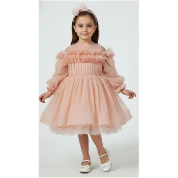 Kız Çocuk Somon Parıltılı Üstü Tül Detaylı Kabarık Elbise Abiye Gelinlik