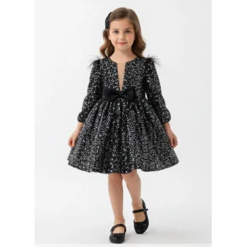 Kız Çocuk Siyah Pul Payetli Tüy Detaylı Uzun Kol Bisiklet Yaka Grenli Kabarık Elbise