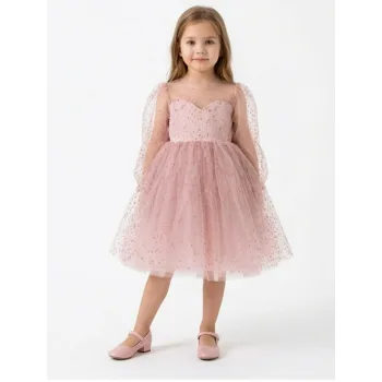 Kız Çocuk Pudra Şeffaf Üstlü Flok Tüllü Kabarık Elbise