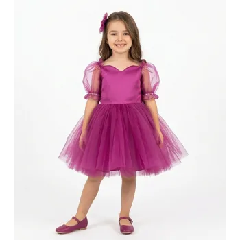 Kız Çocuk Fuşya Kalp Detaylı Kısa Balon Kol Kabarık Elbise