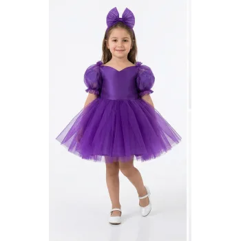 Kız Çocuk Mor Kalp Detaylı Kısa Balon Kol Kabarık Elbise