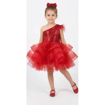 Kız Çocuk Kırmızı Payetli Grenli Tek Omuz Kabarık Elbise