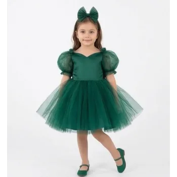 Kız Çocuk Zümrüt Yeşili Kalp Detaylı Kısa Balon Kol Kabarık Elbise