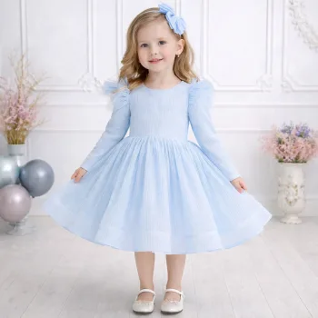 Bebe Mavisi Parıltılı Simli Uzun Kol Kabarık Elbise Abiye Gelinlik