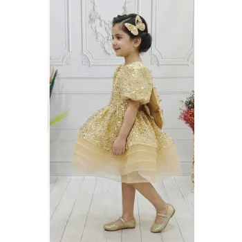 Bej Boncuklu Payetli Kabarık Elbise + Kelebek ( Kanat) Abiye Gelinlik