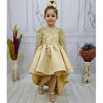 Bej Kuyruklu Boncuklu Payetli Kabarık Elbise Gelinlik Abiye