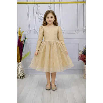 Bej Taşlı  Kendiliğinden simli Kabarık Elbise Abiye Gelinlik