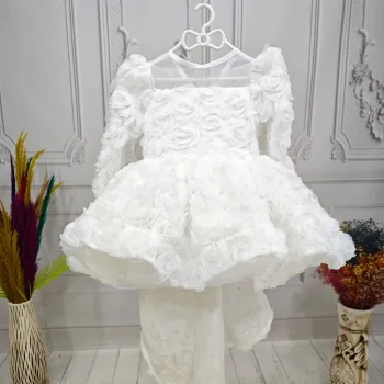 Beyaz Güllü + Kelebek seti Yaka Askılı Uzun Kol Elbise Abiye Gelinlik