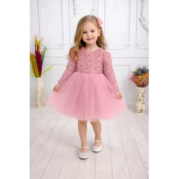 Gül Kurusu Güllü Desenli Kabarık Elbise Gelinlik Abiye