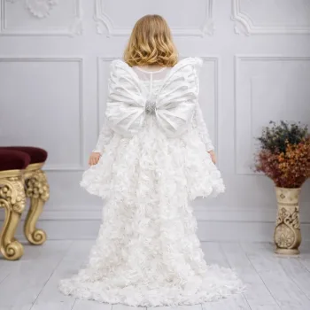 Beyaz Güllü + Kelebek seti Yaka Askılı Uzun Kol Elbise Abiye Gelinlik