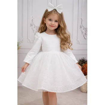 Beyaz Parıltılı Desenli Kabarık Elbise