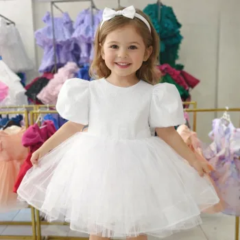 Beyaz Parıltılı Tütülü Kısa Kol Elbise Abiye Gelinlik