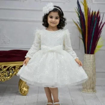 Beyaz Payetli Hologramlı Tüy Detaylı Uzun Kol Kabarık Elbise Gelinlik