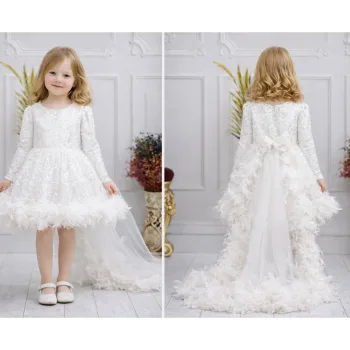 Beyaz Taşlı Boncuklu Kuyruklu Uzun Kol Elbise Abiye Gelinlik