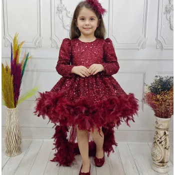 Bordo Gül Taşlı Boncuklu Kuyruklu Uzun Kol Elbise Abiye Gelinlik