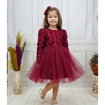 Bordo Güllü Desenli Kabarık Elbise Gelinlik Abiye