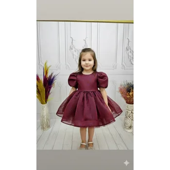 Bordo Kendiliğinden simli Kuyruklu Kısa Kol Elbise Abiye Gelinlik