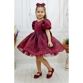 Bordo Kendiliğinden simli Kuyruklu Kısa Kol Elbise Abiye Gelinlik