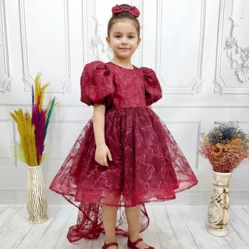 Bordo Parıltılı Kuyruklu Kısa Kol Elbise Abiye Gelinlik