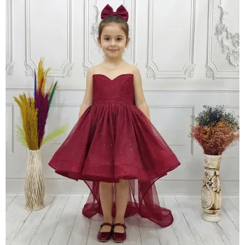 Bordo Parıltılı Kuyruklu Şeffaf Üst Kısa Kol Elbise Abiye