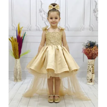 Gold Askılı Kuyruklu Taşlı Boncuklu Payetli Kabarık Elbise