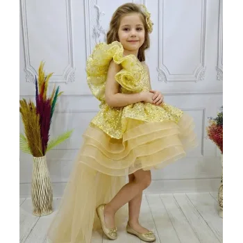 Gold Kuyruklu Taşlı Boncuklu Payetli Fırfırlı Kabarık Elbise Abiye Gelinlik