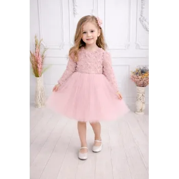 Pudra Güllü Desenli Kabarık Elbise Gelinlik Abiye