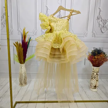 Gold Kuyruklu Taşlı Boncuklu Payetli Fırfırlı Kabarık Elbise Abiye Gelinlik