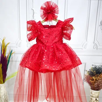 Kırmızı Taşlı Boncuklu payetli +ayakkabı seti fırfırlı Elbise Abiye Gelinlik