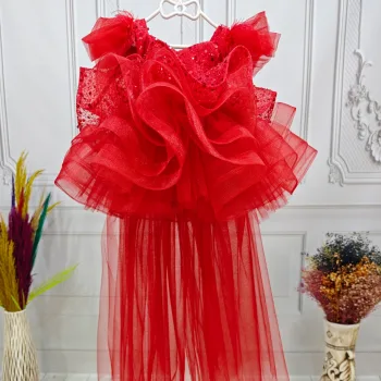 Kırmızı Boncuklu payetli fırfırlı Elbise Abiye