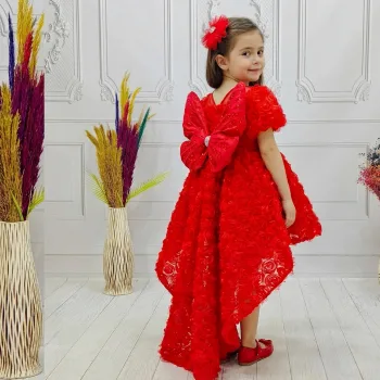 Kırmızı Güllü Abiye + Kelebek Kısa Balon Kol Elbise Abiye Gelinlik