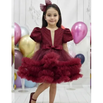 Kız Çocuk Abiye Bordo Parıltılı Fırfır Detaylı Kabarık Gelinlik Elbise