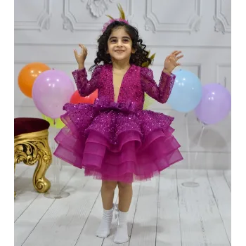 Kız Çocuk Abiye Fuşya Payetli Boncuklu Kabarık Parıltılı Elbise