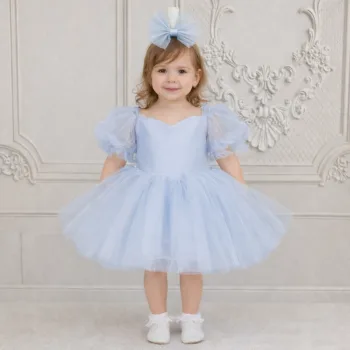 Kız Çocuk Bebe Mavisi Balon Kalp Detaylı Kısa Kol Elbise